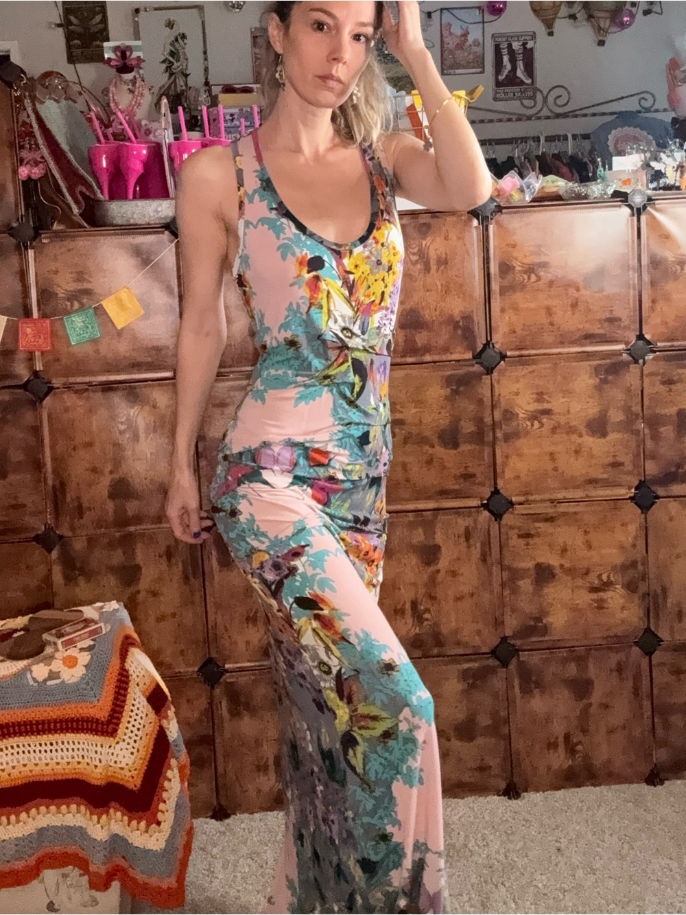 Floral Scoop-Neck Maxi Dress in Light Pink